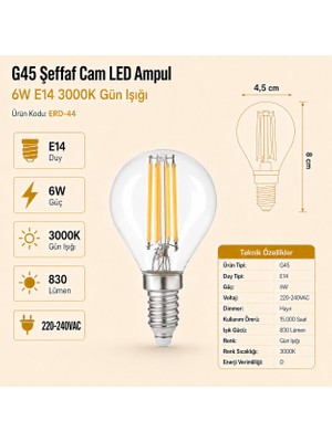 Heka E14 G45 Şeffaf Cam LED Ampul 6W 3000K Gün Işığı Erd-44