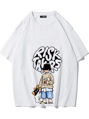 Brz Collection Unisex Oversize Risk Takers T-Shirt (Beyaz)