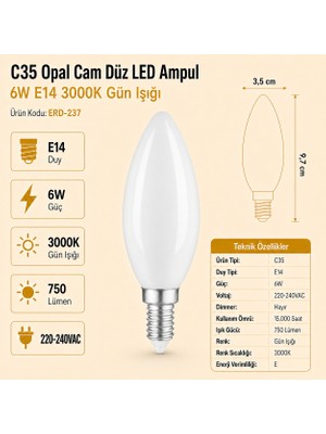 Heka C35 Opal Cam Düz LED Ampul 6W E14 3000K Gün Işığı ERD-237