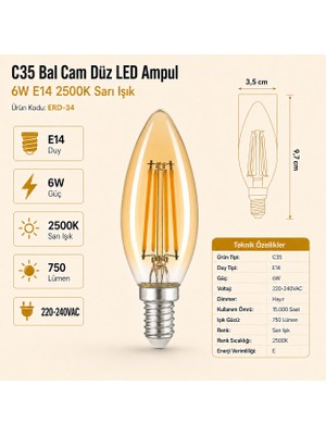 Heka C35 Bal Düz LED Ampul 6W E14 2500K Sarı Işık Erd-34