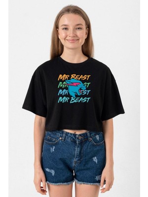 Mr Beast Lettern Siyah Kadın Crop Tshirt