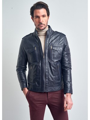 Pierre Cardin Erkek Biker Deri Mont Lacivert Cepli %100 Deri Düz Desenli