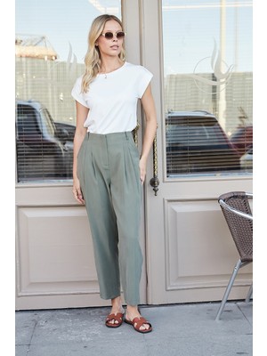 Jument Kadın Modal Diyagonal Yüksek Bel Pileli Yan Cepli Boyfriend Pantolon-Haki