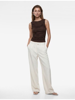 Koton Skinny Fit Bisiklet Yaka Drapeli Kolsuz Tül Bluz