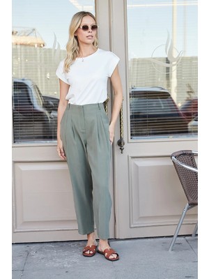 Jument Kadın Modal Diyagonal Yüksek Bel Pileli Yan Cepli Boyfriend Pantolon-Haki