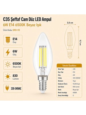 Heka C35 Şeffaf Cam Düz LED Ampul 6W E14 6500K Beyaz Işık Erd-93