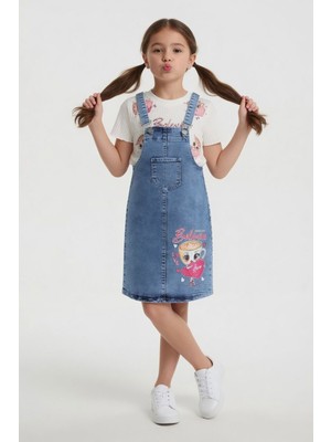 Cansın Mini Ekru Kalpli Balerin Desenli Badili Jean Salopetli Kız Çocuk Takım 24087
