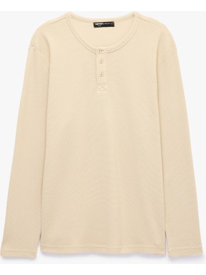 Koton Pamuklu Uzun Kollu Pike Kumaş Düğmeli Henley Yaka Sweatshirt