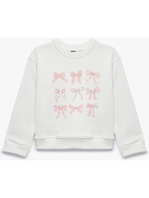 Koton Taş Detaylı Uzun Kollu Bisiklet Yaka Fiyonk Baskılı Sweatshirt