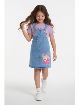 Cansın Mini Lila Kalpli Balerin Desenli Badili Jean Salopetli Kız Çocuk Takım 24086