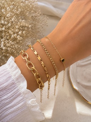 Adata Jewelry 4lü Kadın Bileklik Kombin Küp Detay Gold / Gümüş Renk Uzatma Zincirli