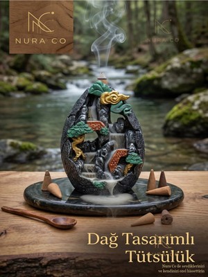 Nura Co Dağ & Şelale Tasarımlı Backflow Tütsülük Standı — Altın Detaylı, Dekoratif Ters Akış Tütsüler Için Çok Renkli