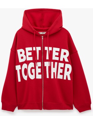 Koton Üç Iplik Şardonlu Uzun Kollu Kapüşonlu Baskılı Fermuarlı Sweatshirt