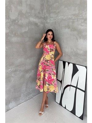 Neşeli Butik Kadın Pembe Kare Yaka Çiçek Desenli Kolsuz Beli Oturan Midi Elbise NBK4670
