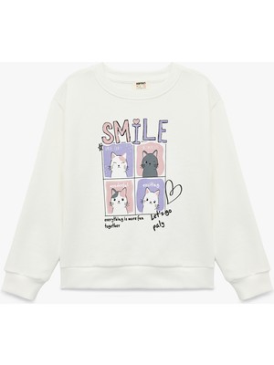 Koton Uzun Kollu Bisiklet Yaka Kedi Baskılı Şardonlu Sweatshirt