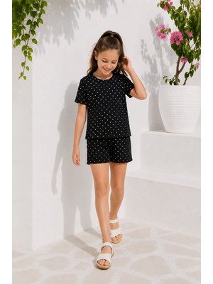 Cansın Mini Siyah Kız Çocuk Puantiye Desenli Badili Şortlu Takım 24627