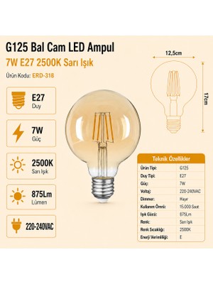 Heka G125 Bal Cam LED Ampul 7W E27 2500K Sarı Işık ERD-318