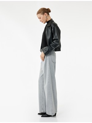 Koton Normal Bel Düğmeli Cepli Pamuklu Geniş Paça Jean Pantolon - Bianca Wide Leg Jeans