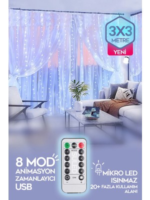 Suled Beyaz Perde Led 3x3 Metre Kumandalı 8 Mod Ambiyans Ayarlabilir Boy Dekor Mikro Led Işık Perde