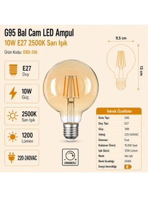 Heka G95 Bal Cam LED Ampul 10W E27 2500K Sarı Işık ERD-316