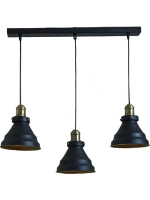 Rsylight Rys  Retro Metal Siyah 3 Lü Masa Üstü Sıralı Dekoratif Rustik Sarkıt Avize 60 cm Genişlik