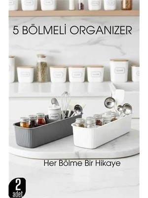 Uravas Store 5 Bölmeli Mutfak Organizer Kutusu Gri & Beyaz 2’li Set  Baharat ve Gereç Düzenleyici  722441
