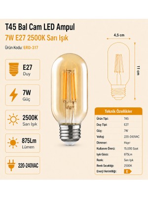 Heka T45 Bal Cam LED Ampul 7W E27 2500K Sarı Işık ERD-317