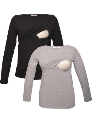 Luvmabelly Kadın Emzirme Sweatshirt Seti Uzun Kol Desenli Renk Seçenekleriyle Siyah Gri