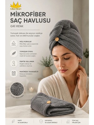 Missclean Gri Renk Mikrofiber Saç Havlusu, Saç Bonesi, Banyo Deniz ve Havuz Sonrası Plaj Için