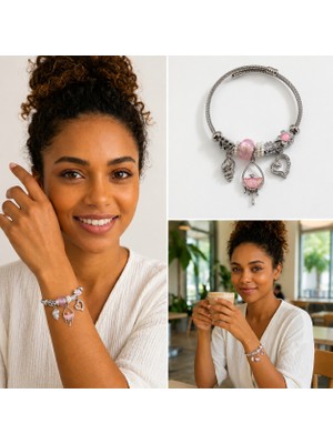 Fm 💎 Premium Gümüş Renk Pembe Çiçek ve Deniz Kabuğu Charm Detaylı 316L Çelik Kelepçe Bileklik (20cm)