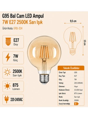 Heka G95 Bal Cam LED Ampul 7W E27 2500K Sarı Işık ERD-324