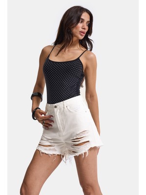 It's Basic Kadın Kırık Beyaz 15S6-101 Mini Boy Yüksek Bel Yırtık Detaylı Püsküllü %100 Koton Denim Şort