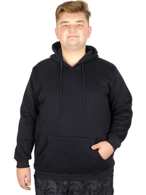 ModeXL Erkek Kapşonlu Sweatshirt Lacivert Pocket Basic Uzun Kol 20562 Ekstra Konfor