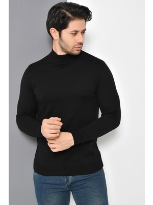 Tena Moda Erkek Siyah Yarım Balıkçı Yaka Basic Triko Kazak
