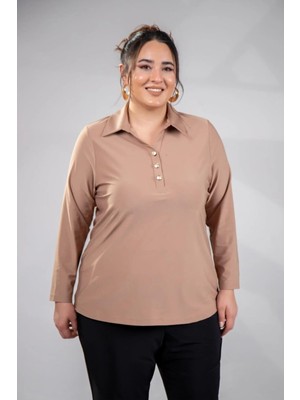Roxxlen Kadın Büyük Beden Düğmeli Polo Yaka Bluz