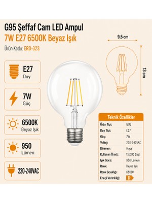 Heka G95 Şeffaf Cam LED Ampul 7W E27 6500K Beyaz Işık ERD-323
