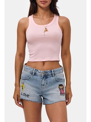 It's Basic Kadın Mavi 4s6-32 Mini Mom Nakış Desenli Tasarım Denim Şort