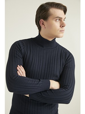 D'S Damat Slim Fit Lacivert Fitilli Pamuk Karışımlı Boğazlı Triko Kazak 5HF06ORT63100