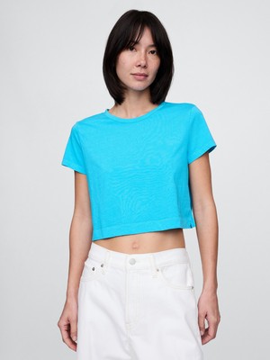 Gap Kadın Açık Mavi %100 Organik Pamuk VintageSoft Crop T-Shirt