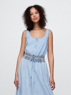 Gap Kadın Mavi Denim Büzgülü Crop Bluz
