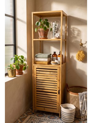 Robin Home Bambu Tek Kapaklı 3 Raflı Çok Amaçlı Banyo Düzenleyici Organizer Dik Dolap