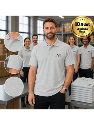 BK Gift Logonuza Özel 10 Adet Gri Polo Yaka Tişört - Pamuk Unisex Kurumsal Tişört