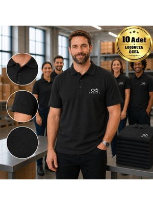 BK Gift Logonuza Özel 10 Adet Siyah Polo Yaka Tişört - Pamuk Unisex Kurumsal Tişört