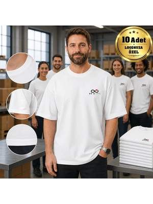 BK Gift Logonuza Özel 10 Adet Oversize Beyaz Tişört - Pamuk Unisex Kurumsal Tişört