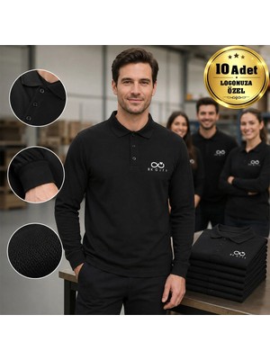 BK Gift Logonuza Özel 10 Adet Siyah Polo Yaka Uzun Kol Tişört - Pamuk Unisex Kurumsal Tişört