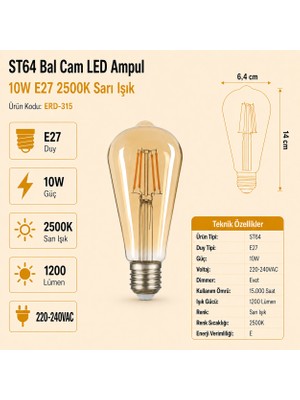 Heka ST64 Bal Cam LED Ampul 10W E27 2500K Sarı Işık ERD-315