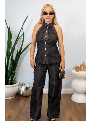 Muna Boutique Kahverengi Güpür Detaylı Denim Alt Üst Takım