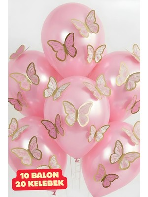 Baloncu Nene 10 Adet Parlak Pembe Balon 20 Pembe Yapışkanlı Kelebek Doğum Günü Balonları Kelebekli Balon
