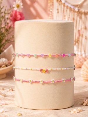 Edoshi Concept 3’lü Set Halhal, Boncuk Halhal Set, Papatyalı Pembe Halhal