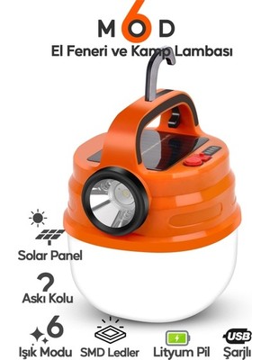 Suled 6 Modlu El Feneri ve Kamp Lambası USB & Solar Şarjlı Smd LED Askılı Taşınabilir Işık